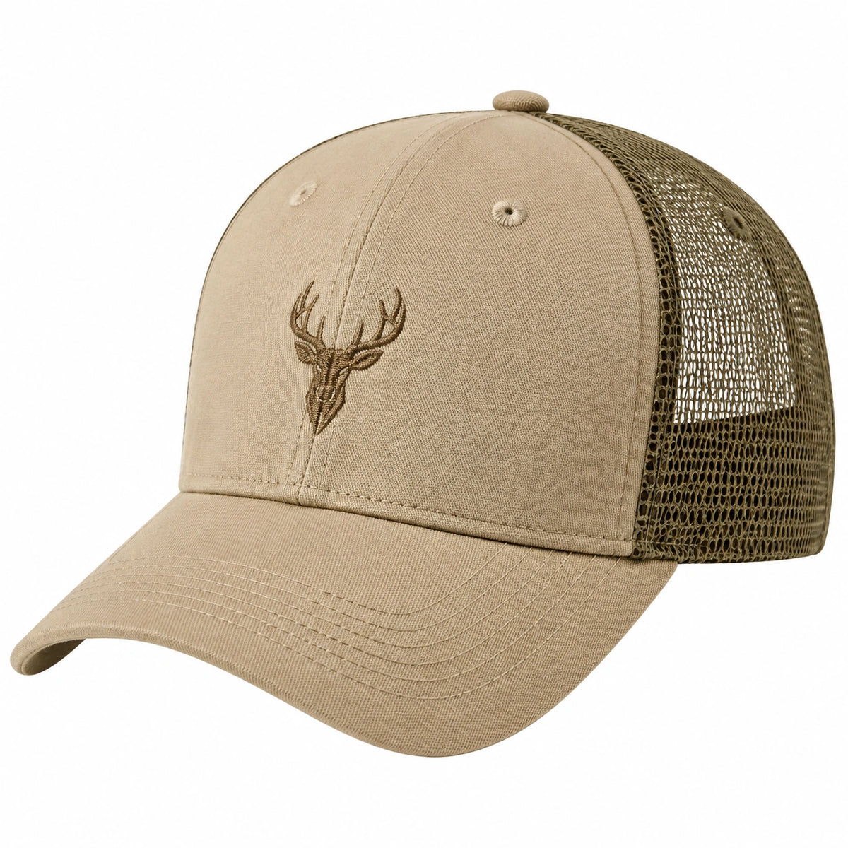 Gorra trucker talla única de algodón beige con malla transpirable y bordado de ciervo