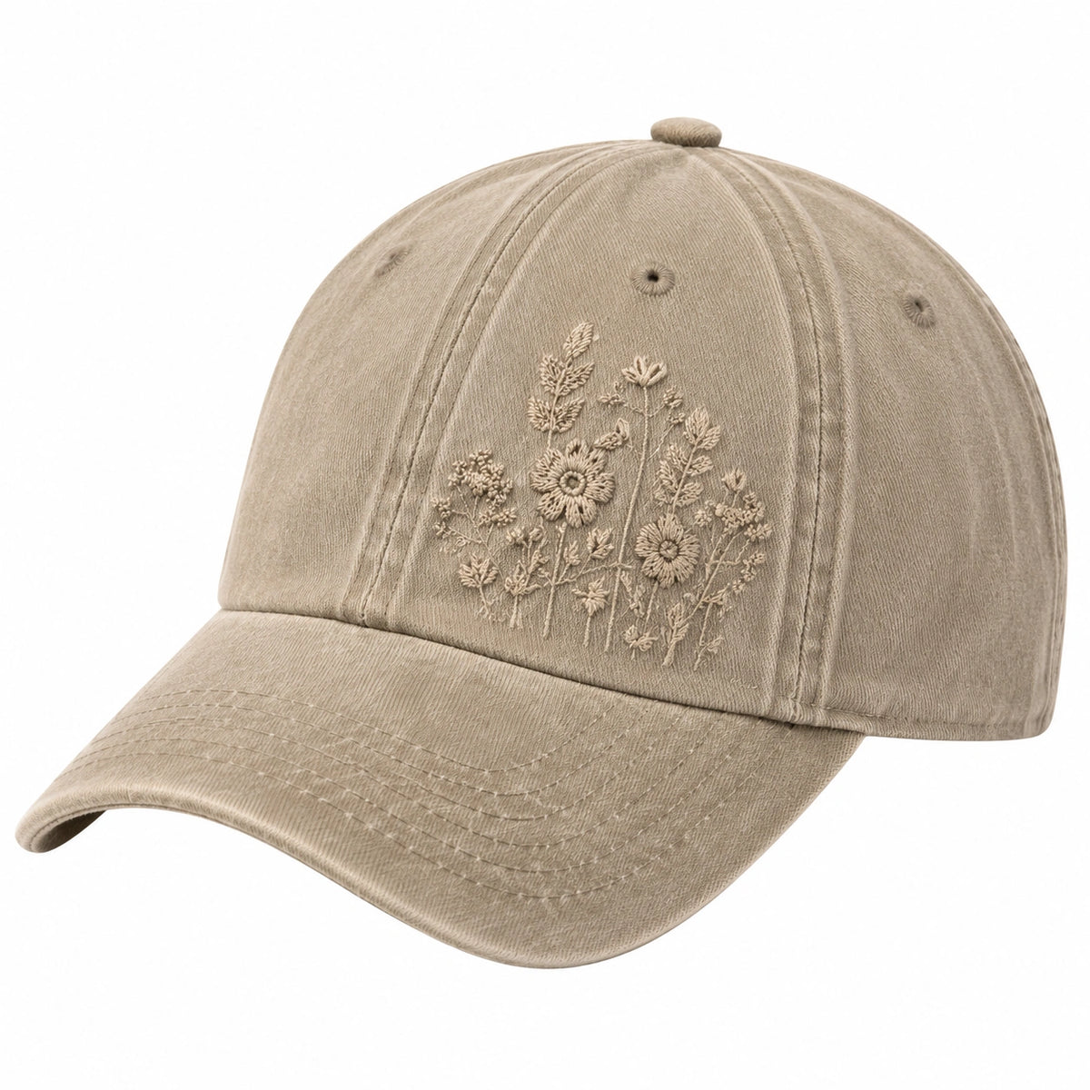 Gorra de béisbol talla única de tejido beige con bordado floral y visera curva para uso diario