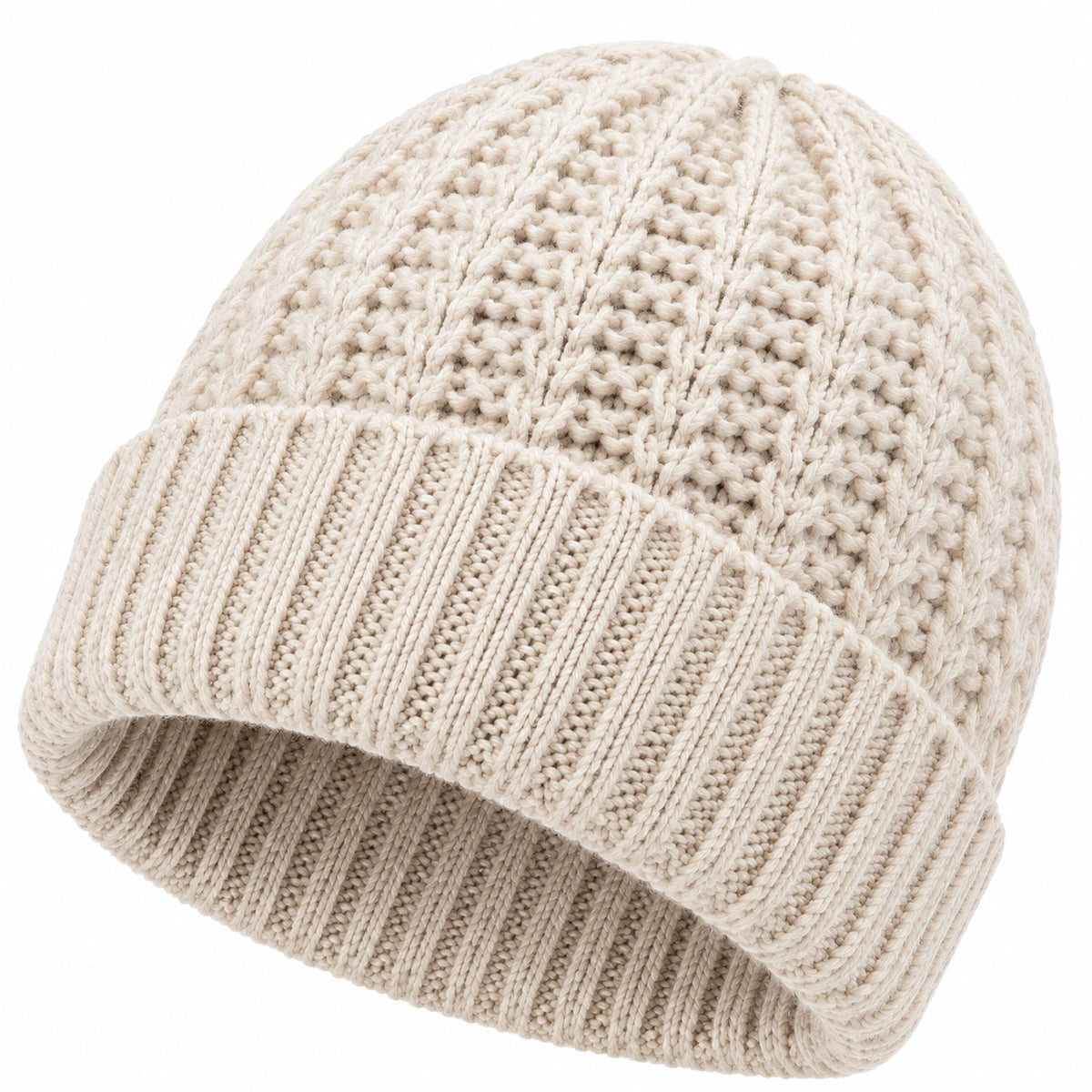 Gorro de punto talla única beige con borde doblado estilo casual