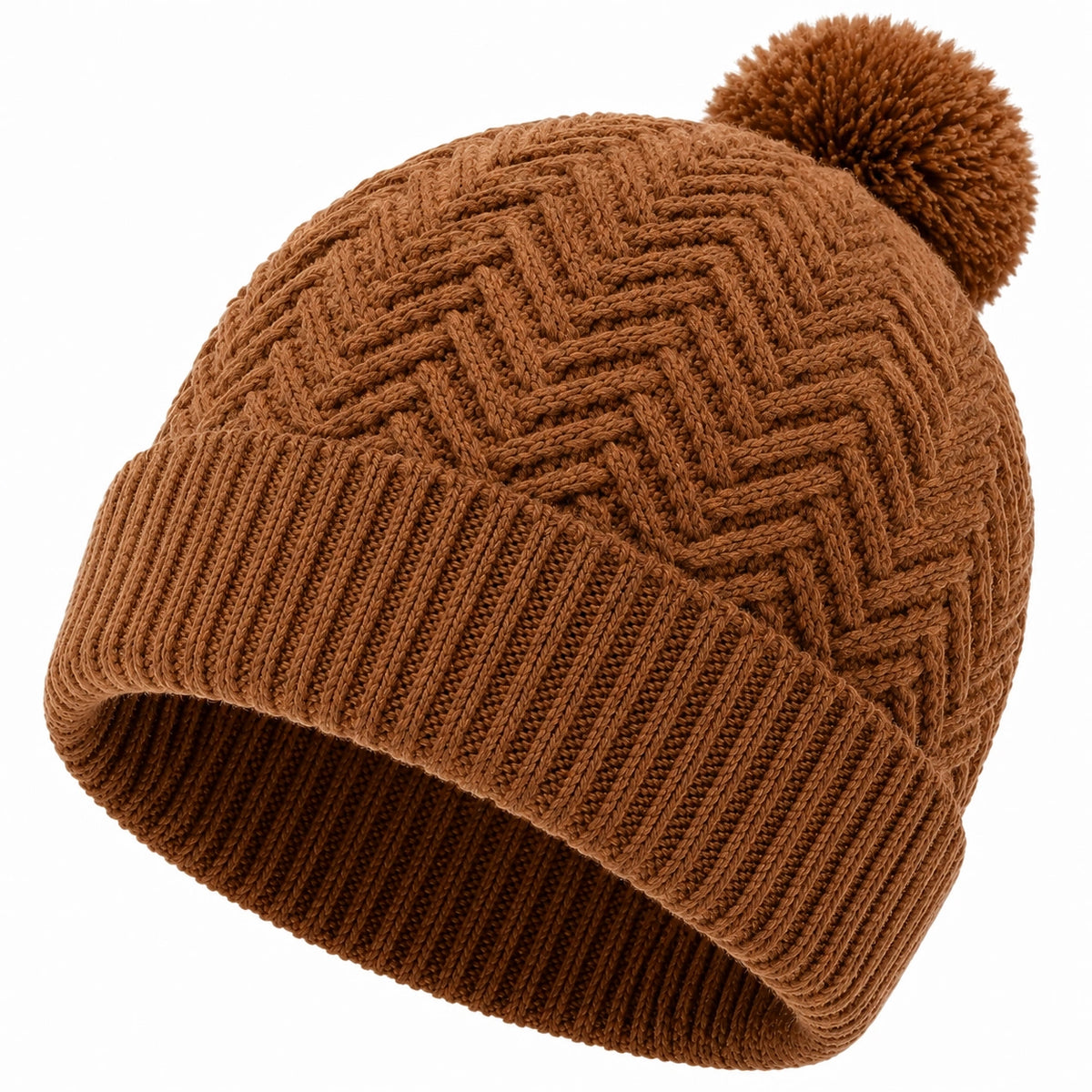 Gorro de punto talla única marrón con pompón y diseño trenzado