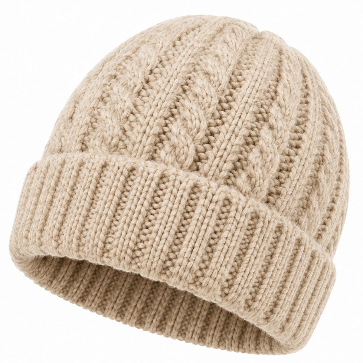 Gorro de punto talla única beige - diseño trenzado para invierno