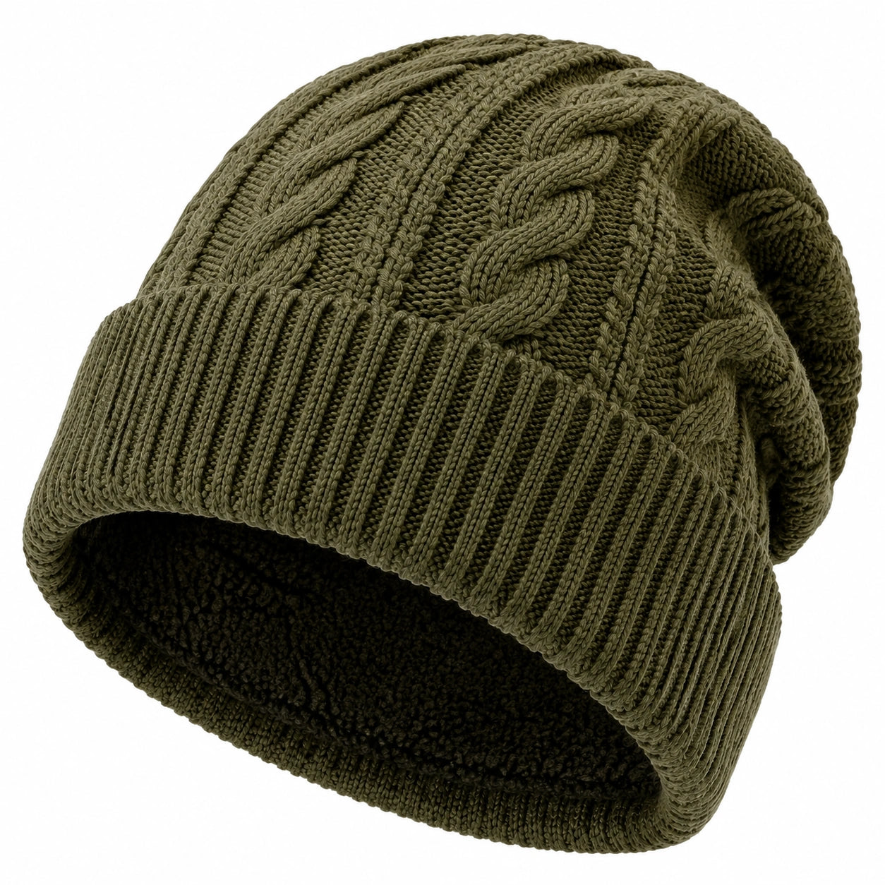 Gorro de punto talla única verde oliva con trenzas estilo casual