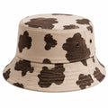 Sombrero de pescador talla única de tejido beige y marrón con estampado de vaca - ala corta para uso diario