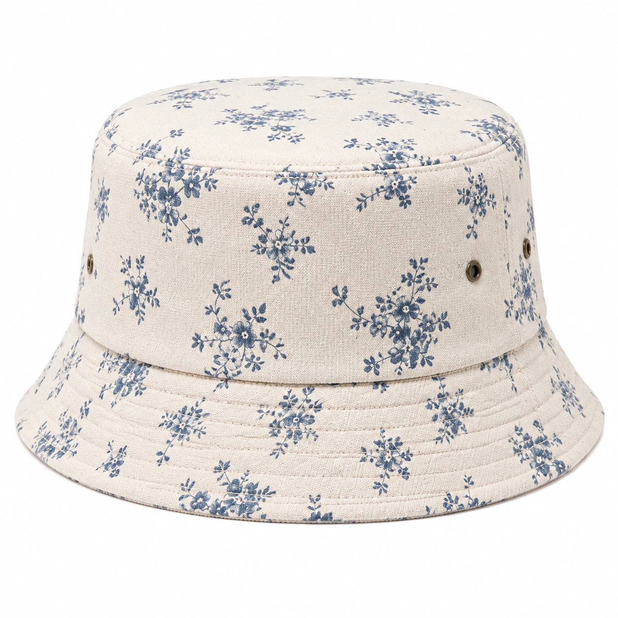 Sombrero tipo pescador talla única de tejido beige y azul con estampado floral y ojales laterales
