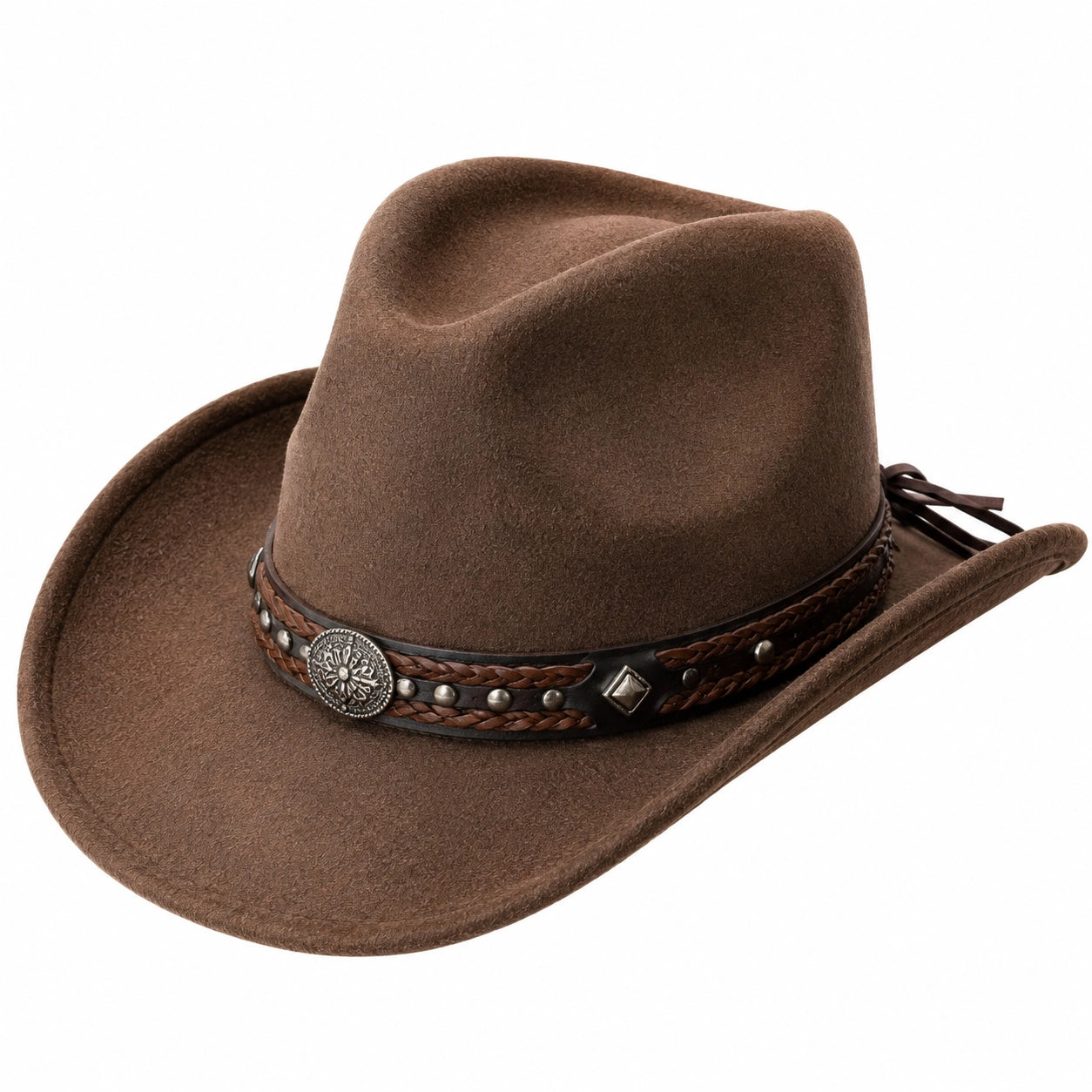 Sombrero de ala talla única marrón con acabado aterciopelado y banda decorativa