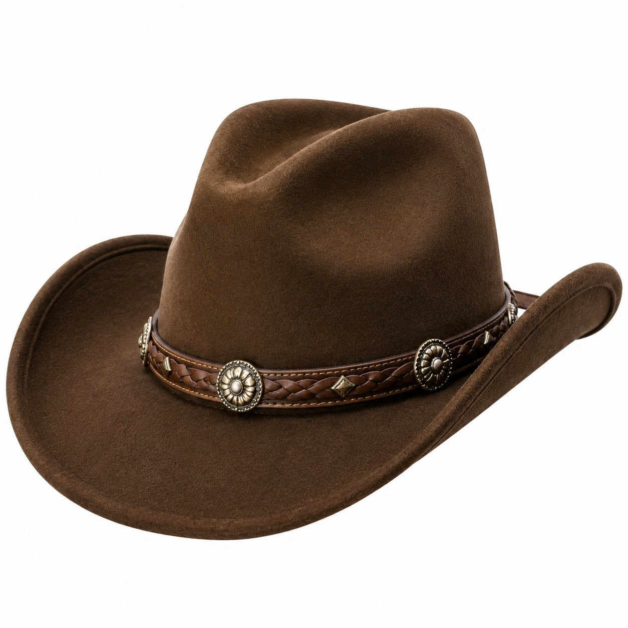 Sombrero vaquero talla única marrón de tacto aterciopelado con banda trenzada decorativa
