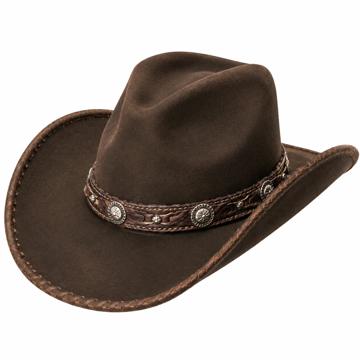 Sombrero cowboy talla única marrón de acabado afelpado con banda trenzada decorativa