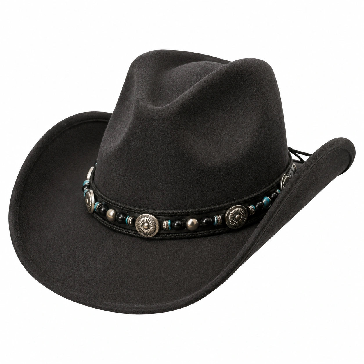 Sombrero vaquero talla única negro de acabado tipo fieltro con banda decorativa estilo western