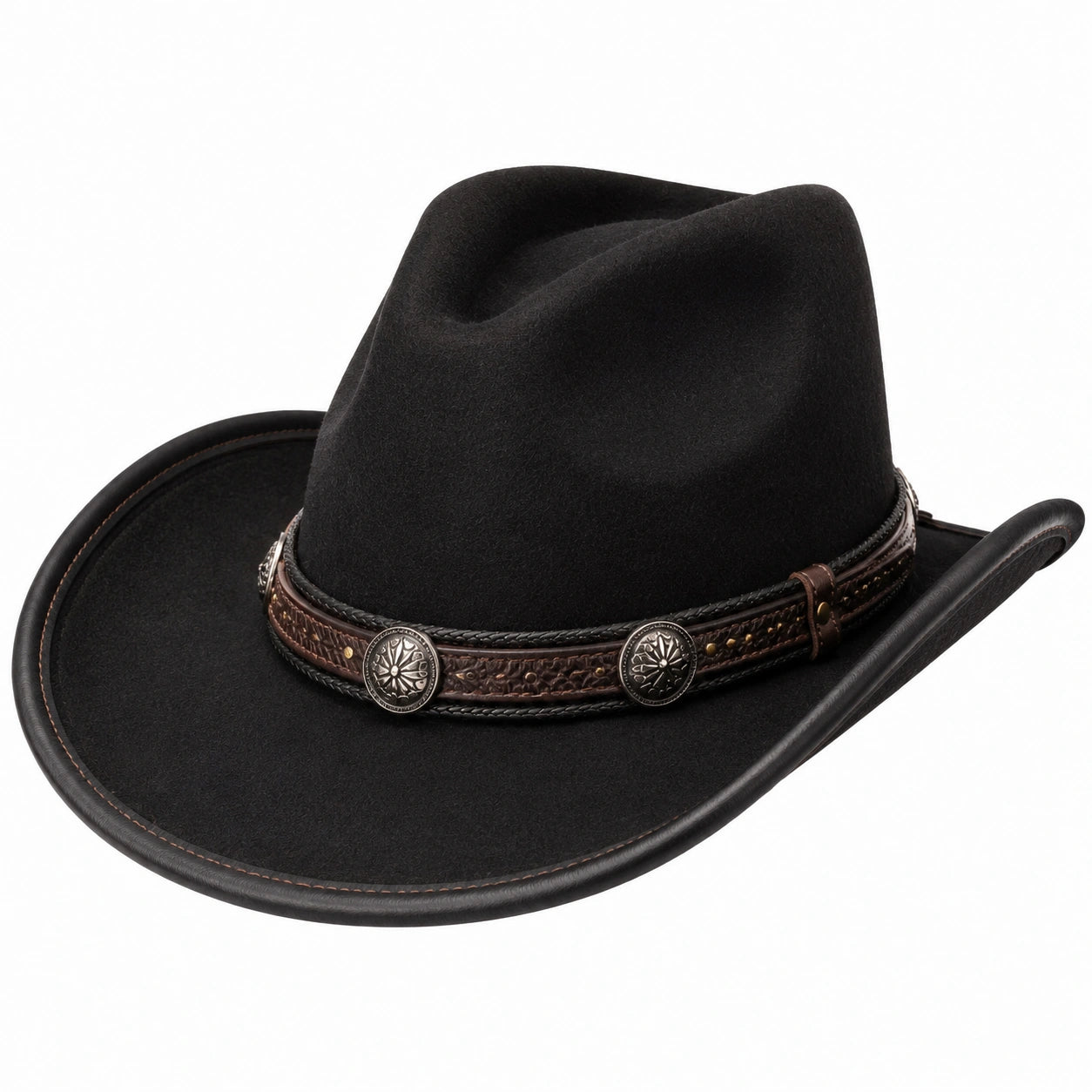 Sombrero vaquero talla única de fieltro negro con banda decorativa estilo western