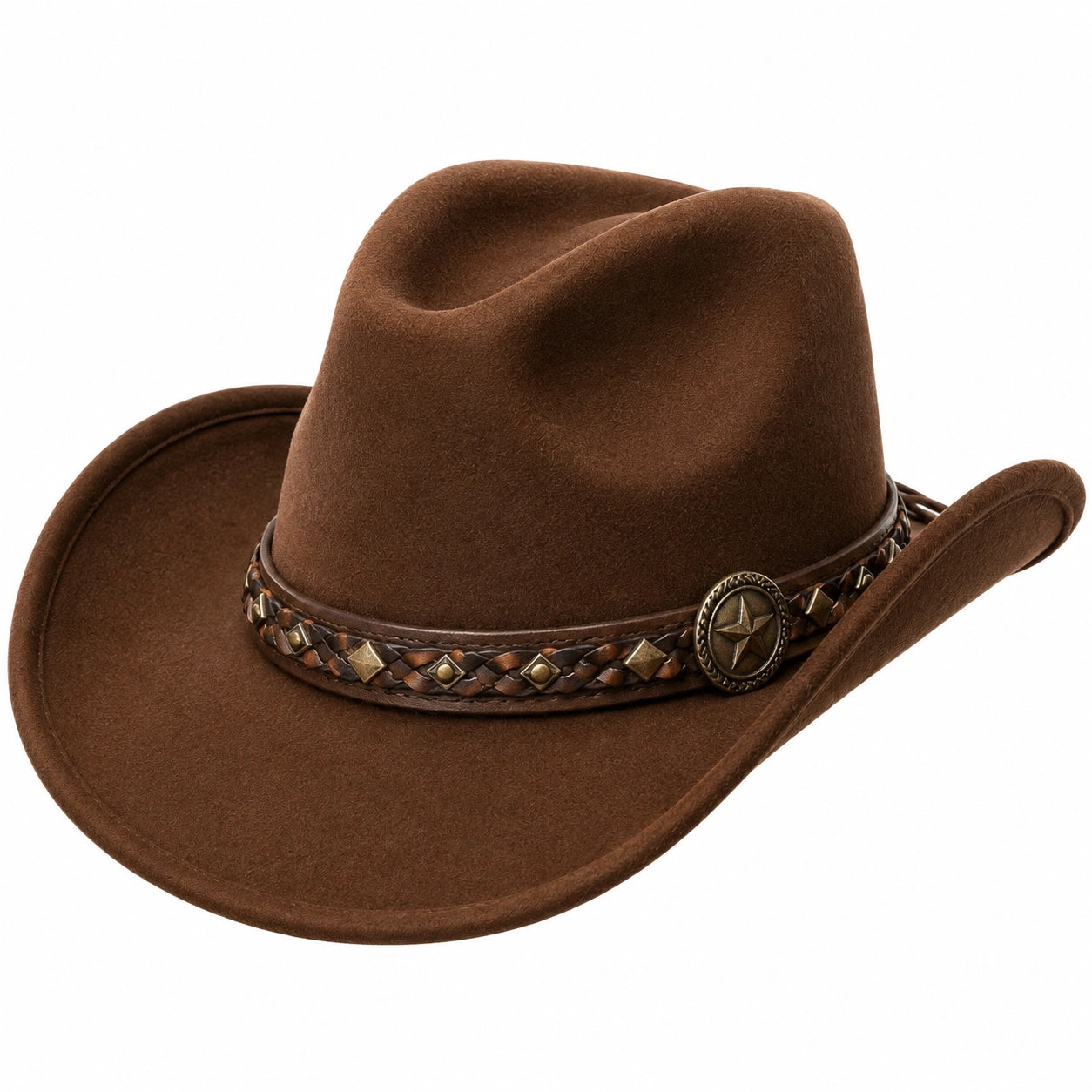 Sombrero cowboy talla única marrón de tacto aterciopelado con cinta trenzada